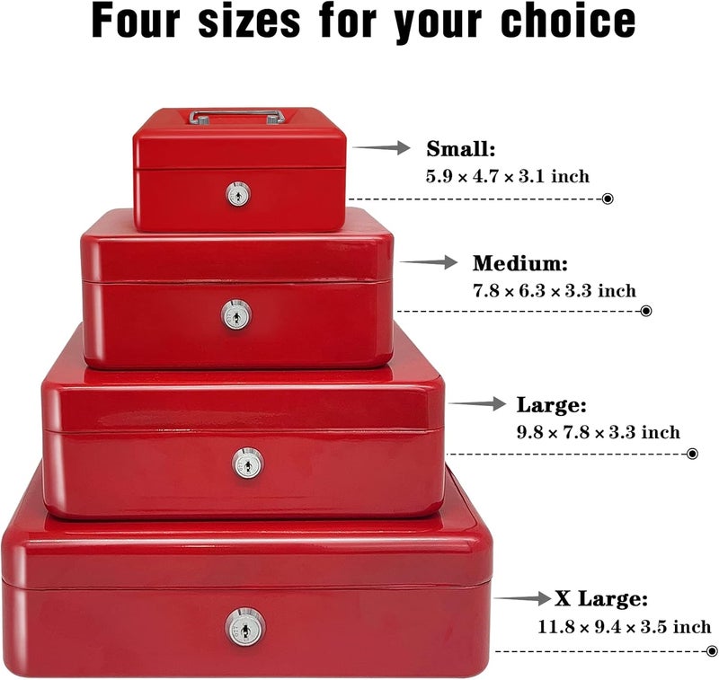 PACOLO Steel Cash Box with Key Lock, Metal Small Money Organizer with Money Tray,Cash Storage Box with Lockable Cover (Red - 6 inch) - Image 3